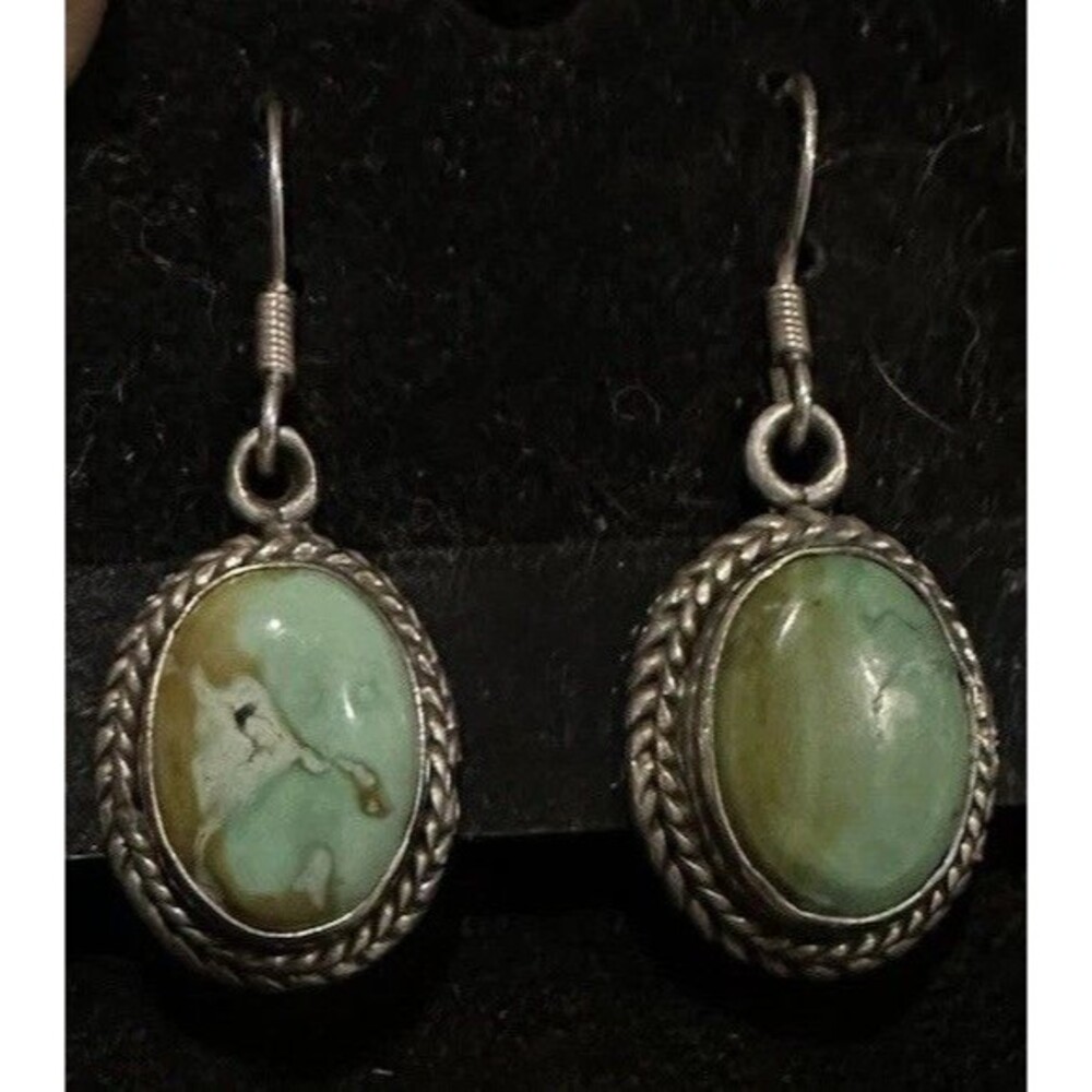 Primitive Oval Native American Sterling Silver Green Turquoise Cabochon Earrings